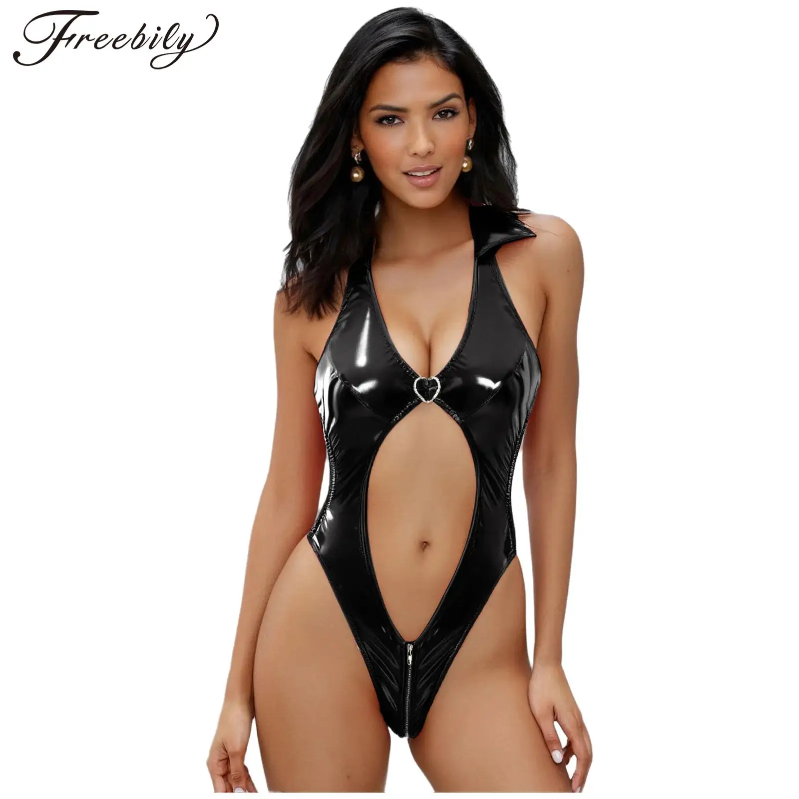 

Women Wet Look Patent Leather Lingerie Bodysuit Sleeveless Sexy Deep V Neck Open Butt Hollow Out Jumpsuit Clubwear Nightwear