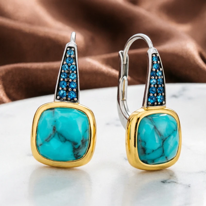 Fashion Bohemian Style Square Synthetic Turquoise Shiny Drop Earrings for Women Luxury Elegant Banquet Anniversary Charm Jewelry