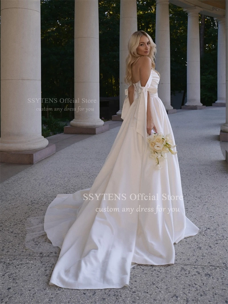 Ssytens vestidos de casamento linha a fora do ombro arco pérolas cetim vestidos de noiva longo praia vestidos de noiva robe de mairee personalizado