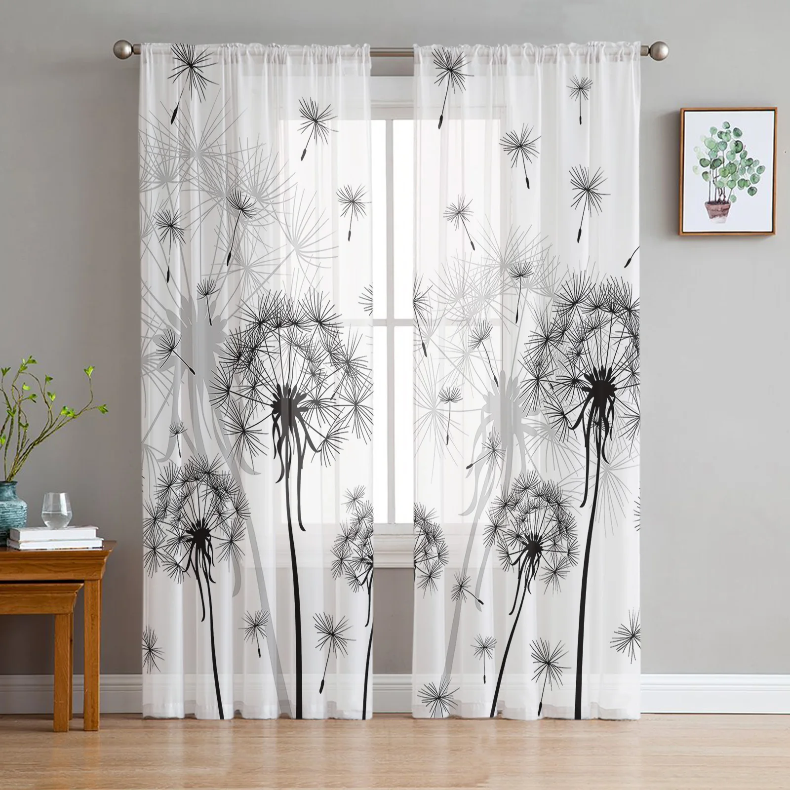 Black And White Dandelion Plant Sheer Curtains for Living Room Decoration Window Curtains Kitchen Tulle Voile Organza Curtains