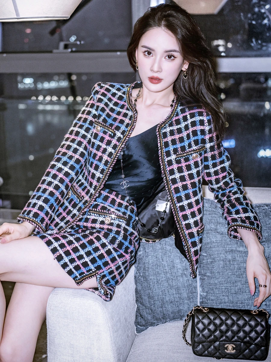 

Style Suit Set Women's Fashion Show Coarse Tweed Waistcoat Skirt Evening Dress Performance Winter Season Check Pattern