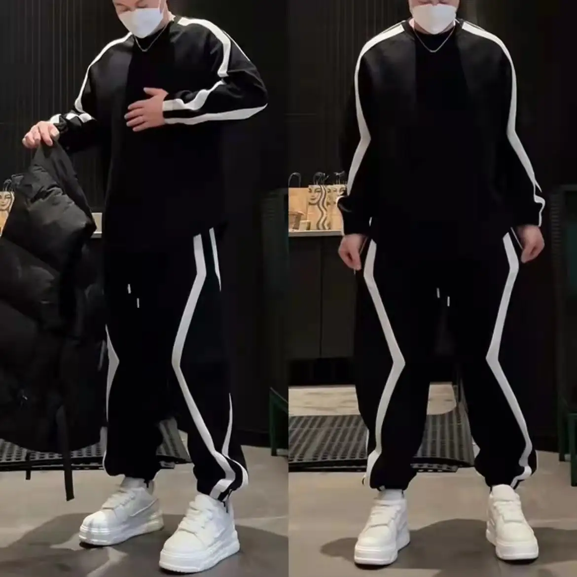 

​ Новинка: Мужской комплект из худи и брюк с полосатыми вставками, свободный спортивный костюм в стиле стритвир ​