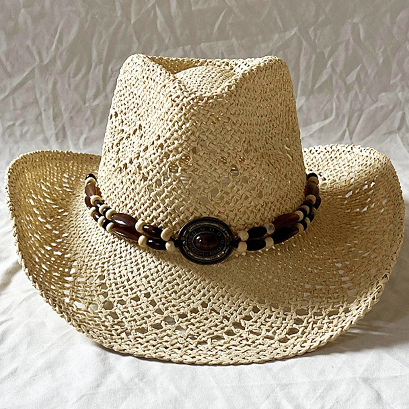 

Ковбойская соломенная шляпа с драгоценными камнями и бисером в этническом стиле для мужчин и женщин, летняя солнцезащитная шляпа с солнцезащитным козырьком, полая дышащая дизайнерская тибетская соломенная шляпа