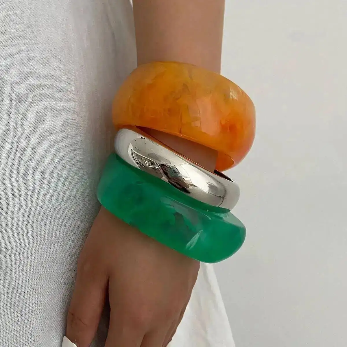 

KunJoe 3 Styles Boho Green Orange Thick Resin Irregular Bangle for Women Vintage Geometry Big Round Acrylic Wide Bracelet Gifts