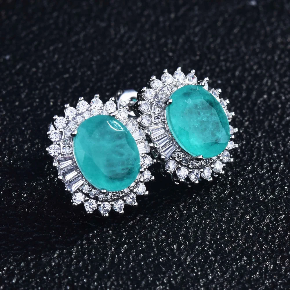 925 Silver Needle Oval Shape Paraiba Tourmaline Gemstone Stud Earrings For Women Wedding Statement Jewelry Anniversary Gift