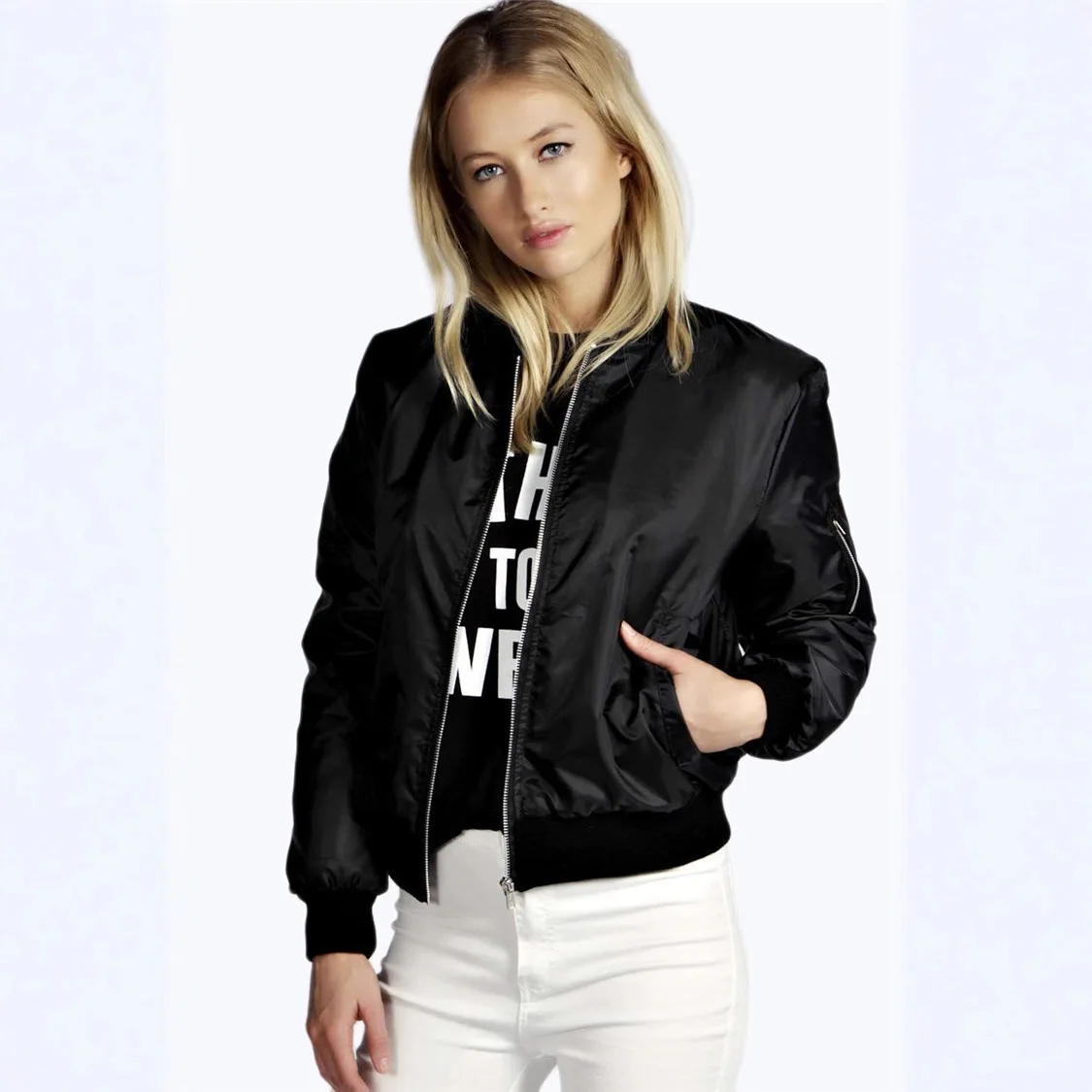 Fashionable Zipper Short Jacket Pure Color Outerwear Coat Women's Loose Fit Long Sleeve  Collar Spring Season Cotton Jacket
