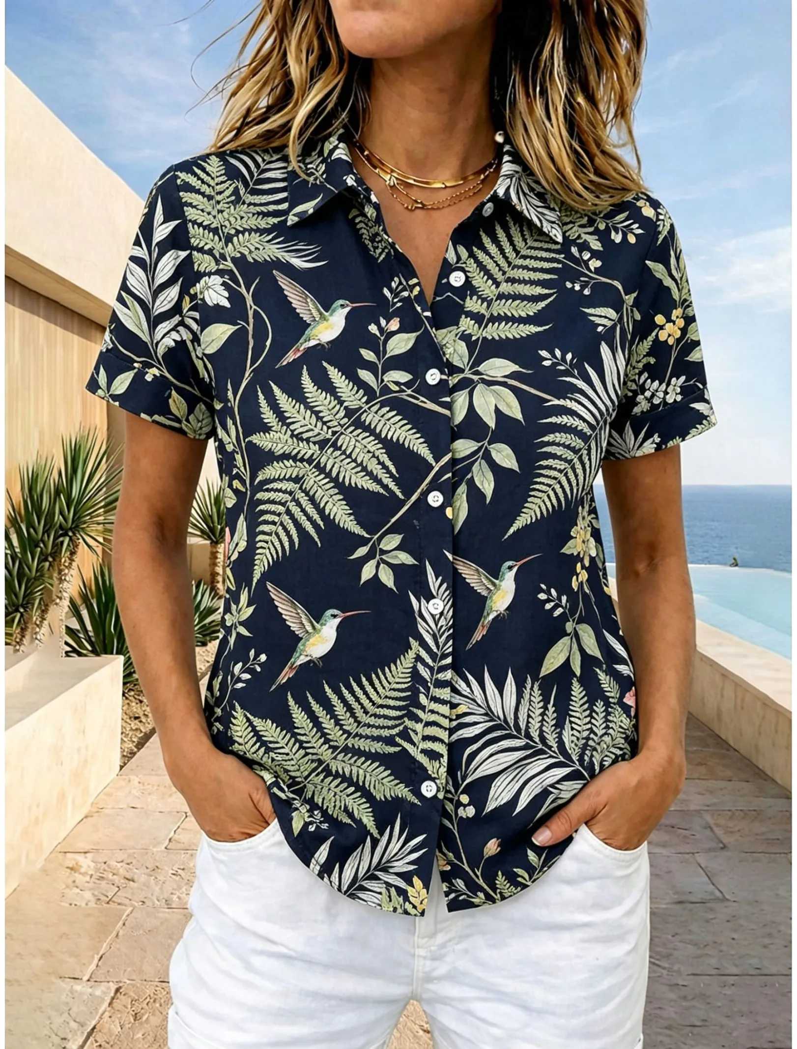 

Women's Short Sleeve Hummingbird Leaf Print Button Down Casual Shirt Elegant Daily Blouse Tops in Navy for Spring Summer