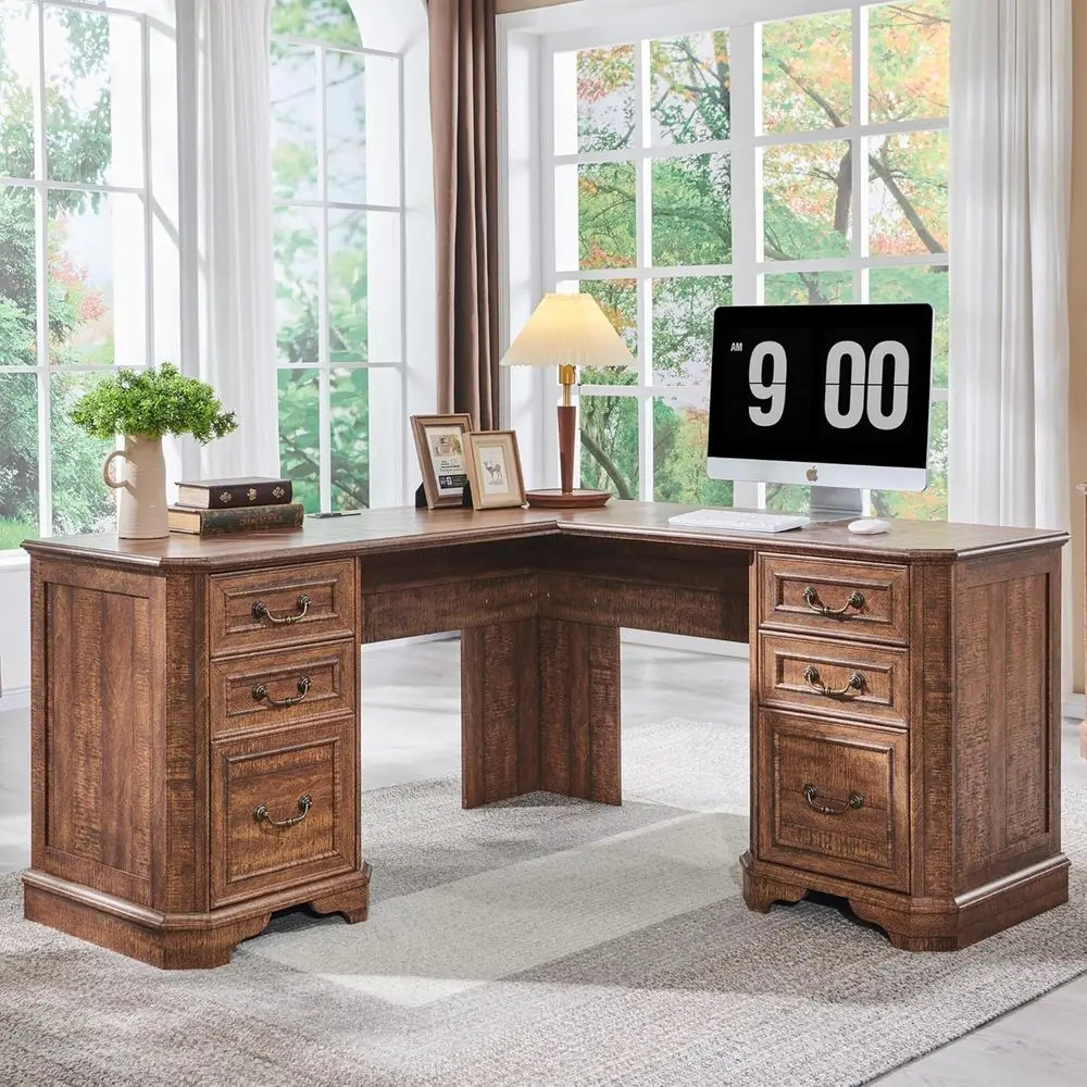 

Угловой стол руководителя с зарядной станцией, ящиками и шкафом для хранения - из переработанной древесины для домашнего офиса