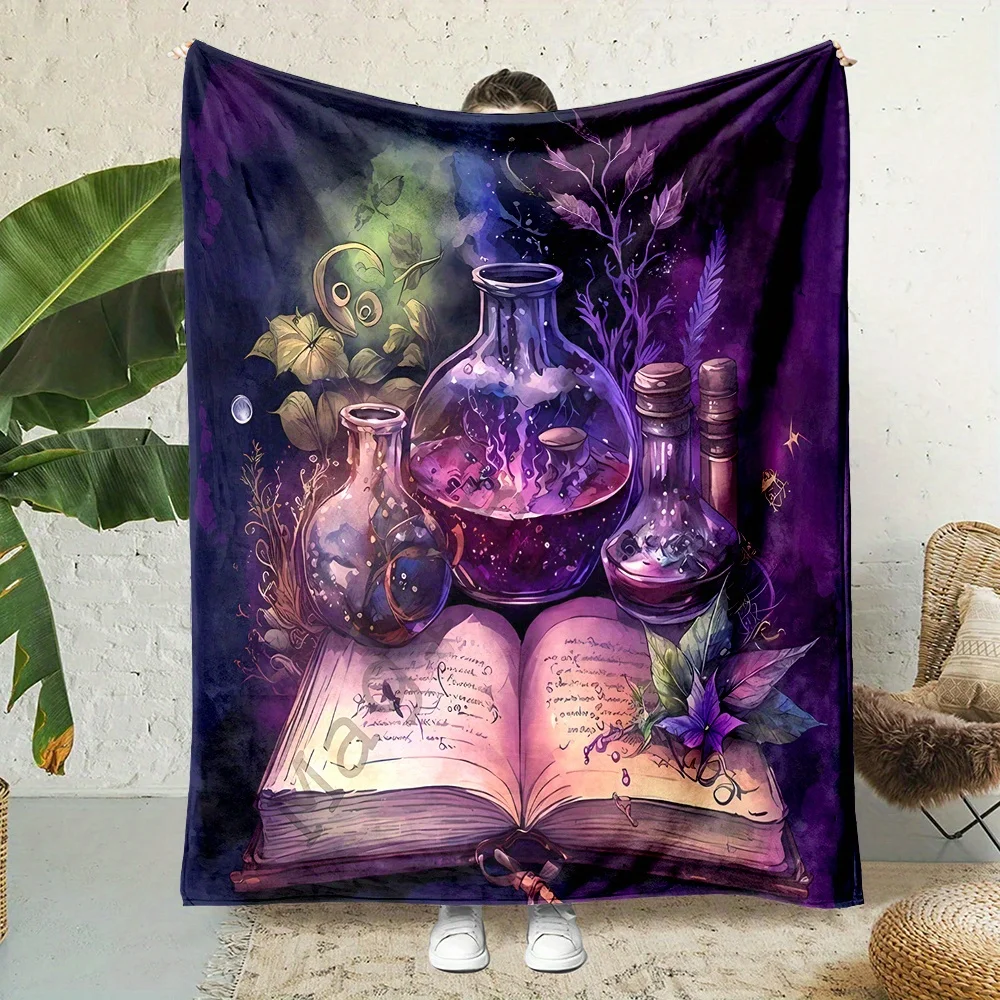 Mystic Witch Potion Book Moon Floral Throw Blanket Purple Watercolor Art Soft Flannel for Bedroom Sofa Meditation Nook Home