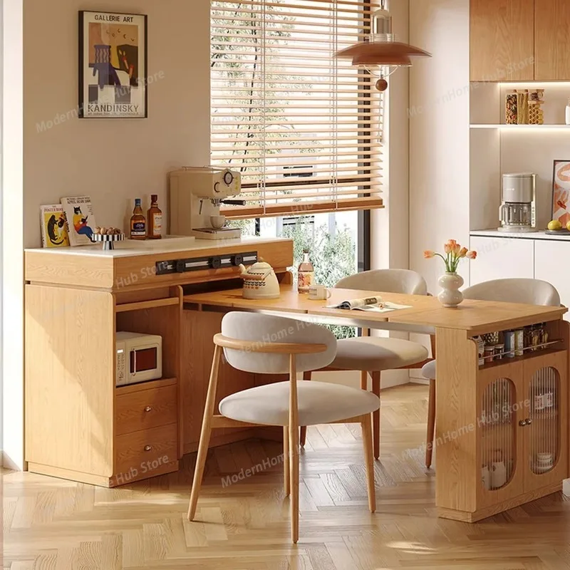 

Extendable wooden dining table with integrated panel - compact home style, natural wood finish Dining Room Furniture