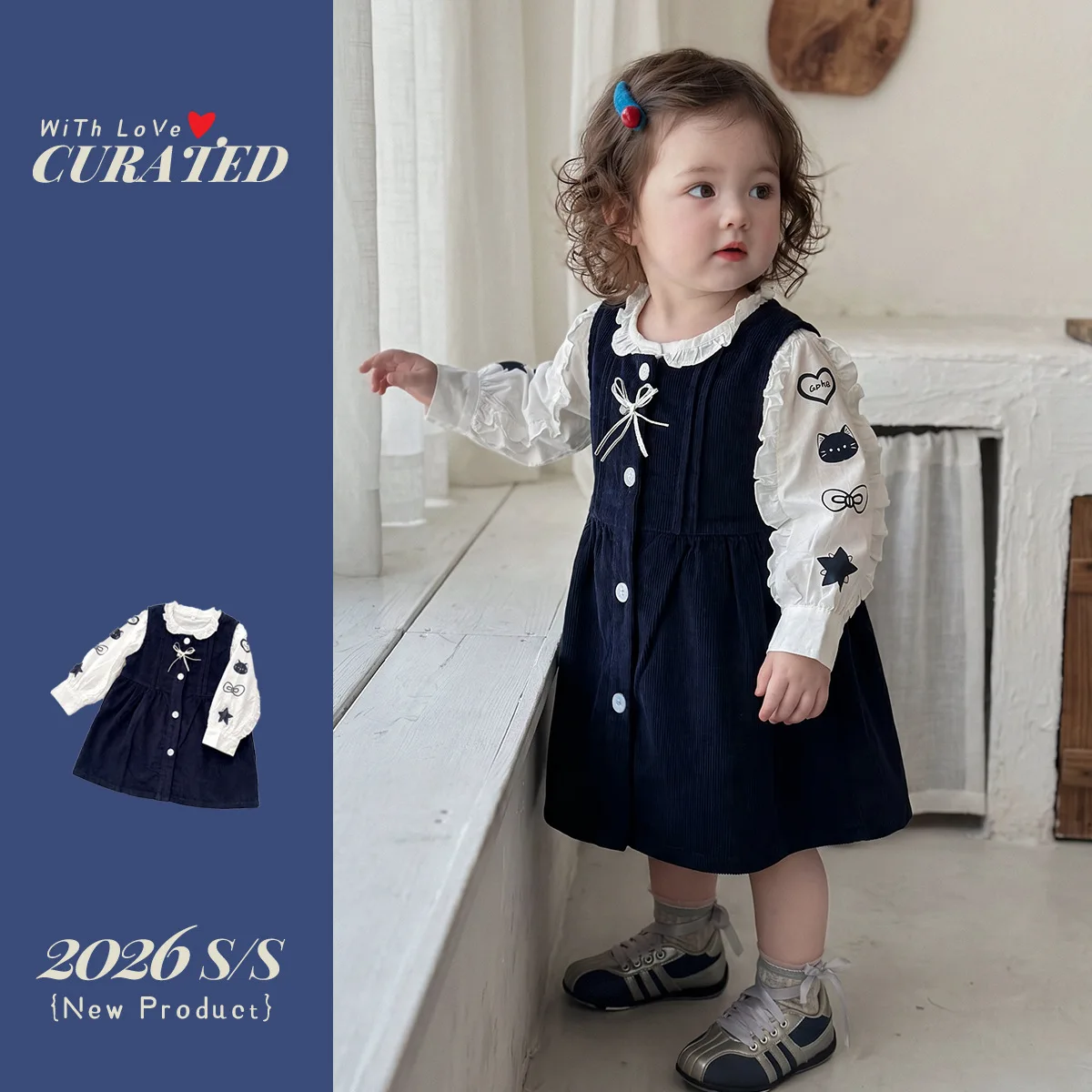 Preppy Style Girls Fall Set, Baby Cotton Shirt & Bow Vest Dress 2pcs Ensemble Toddler School Dress with Removable Bow for Autumn