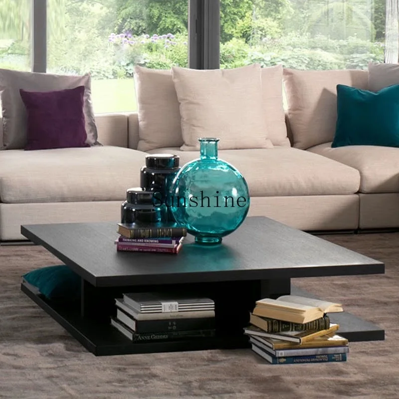 

Nordic log coffee table household square tea table simple living room small apartment double-layer solid wood creative