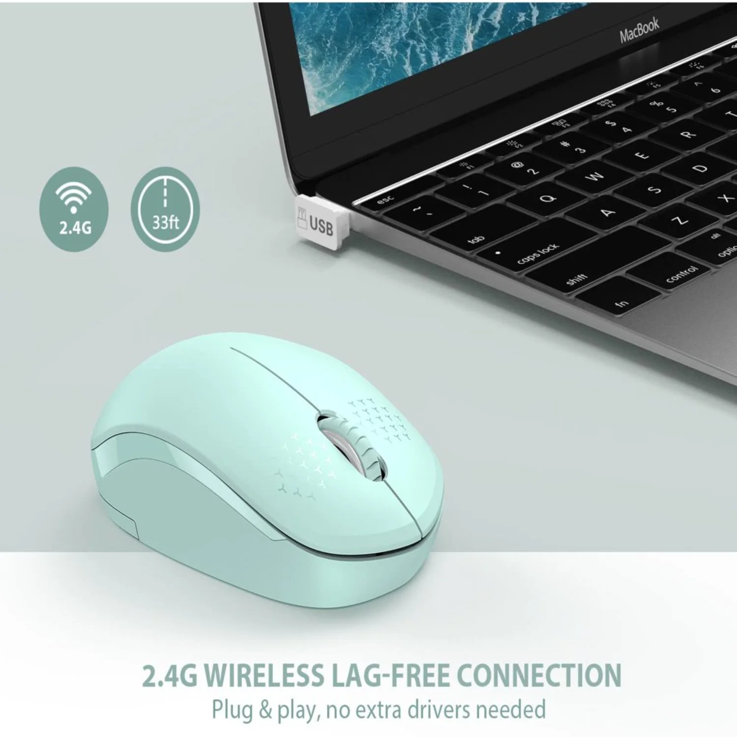 2.4G Noiseless Wireless Mouse with USB Receiver - Portable Mice for PC, Tablet, Laptop - Compatible with Windows - Mint Green