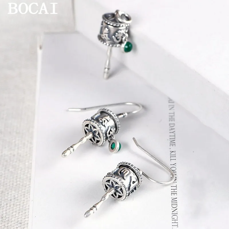 

BOCAI S925 Серебро Ретро Личность Шесть Персонажей Мантра Молитвенная Трубка Серьги Подвеска