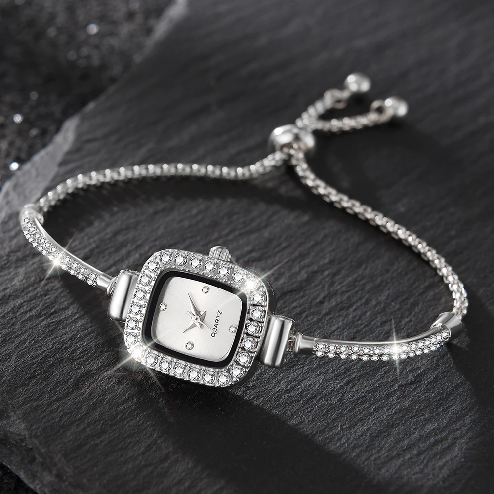 6PCS/Set Silver Women Watch Fashionable Square Diamond Dial Quartz Wristwatch Alloy Strap Watch Jewelry Set Gift For Women