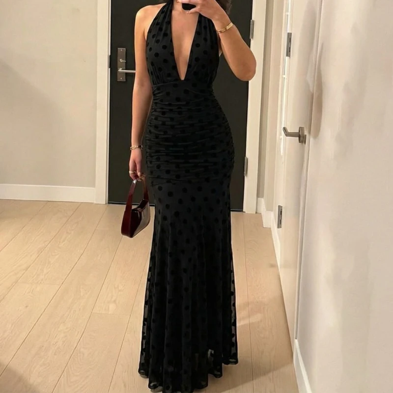 

European and American Style Women's Clothing 2026 Spring New Fashion and Sexy Deep V Polka Dot Mesh Backless Strappy Dress