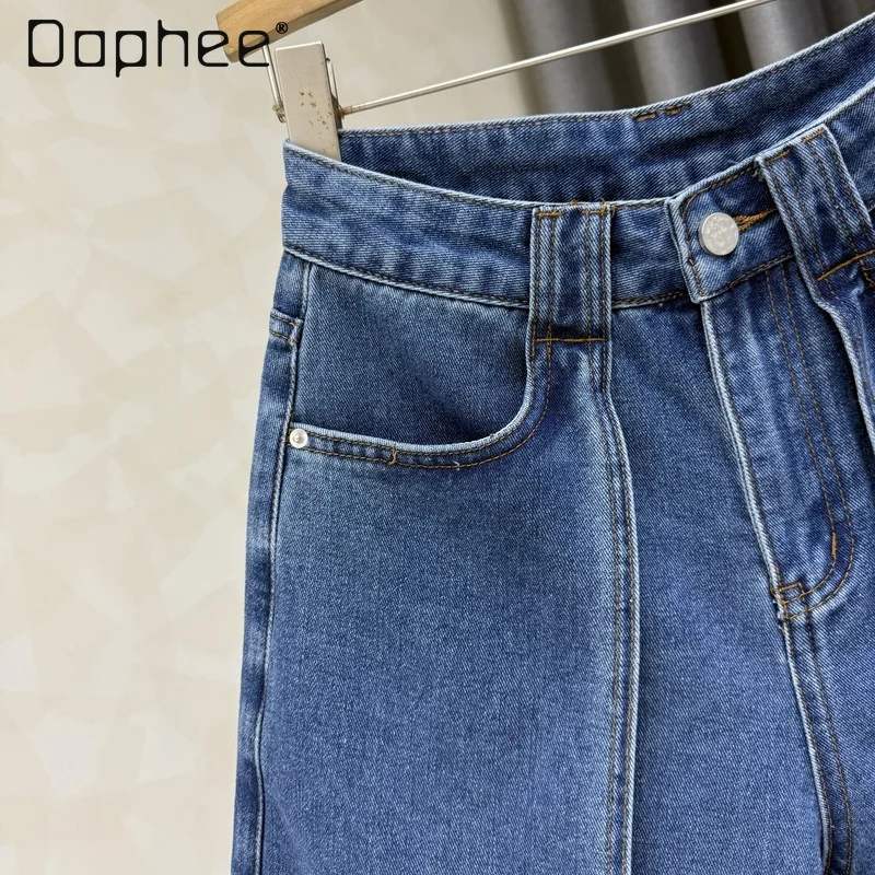 2025 Summer New Retro High-waisted Denim Shorts Women Fashion Solid Color Versatile Loose Wide-leg Pants Casual Jeans Pants