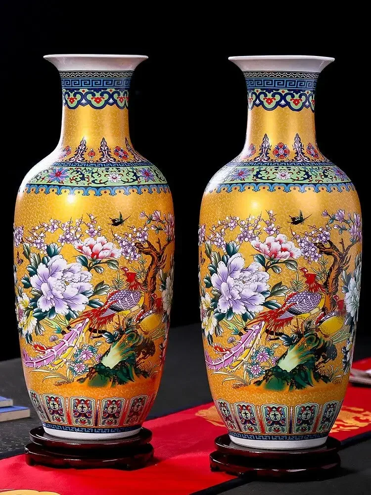 Vase ceramic wood rotating base floor-to-ceilingflower arrangement enamelcolor printing and dyeing Bogu rack winecabinetornament