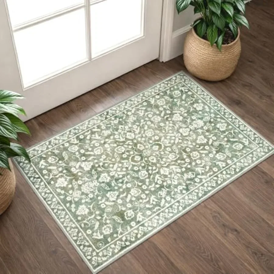 

Vintage Entryway Rug Indoor, Sage Green Beige Washable Rug 2x3, Small Area Rug with Non-Slip Backing, Floral Print Thin Faux Wo