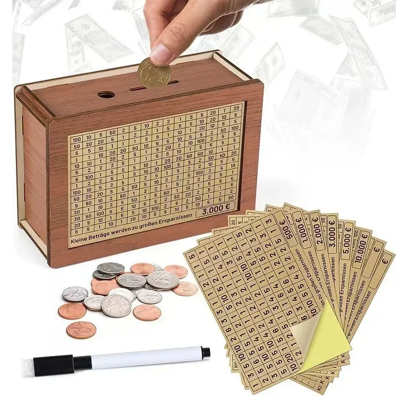 Tirelire en bois réutilisable de 500/1000/2000/3000/5000/10000 euros avec objectif d'épargne et numéros