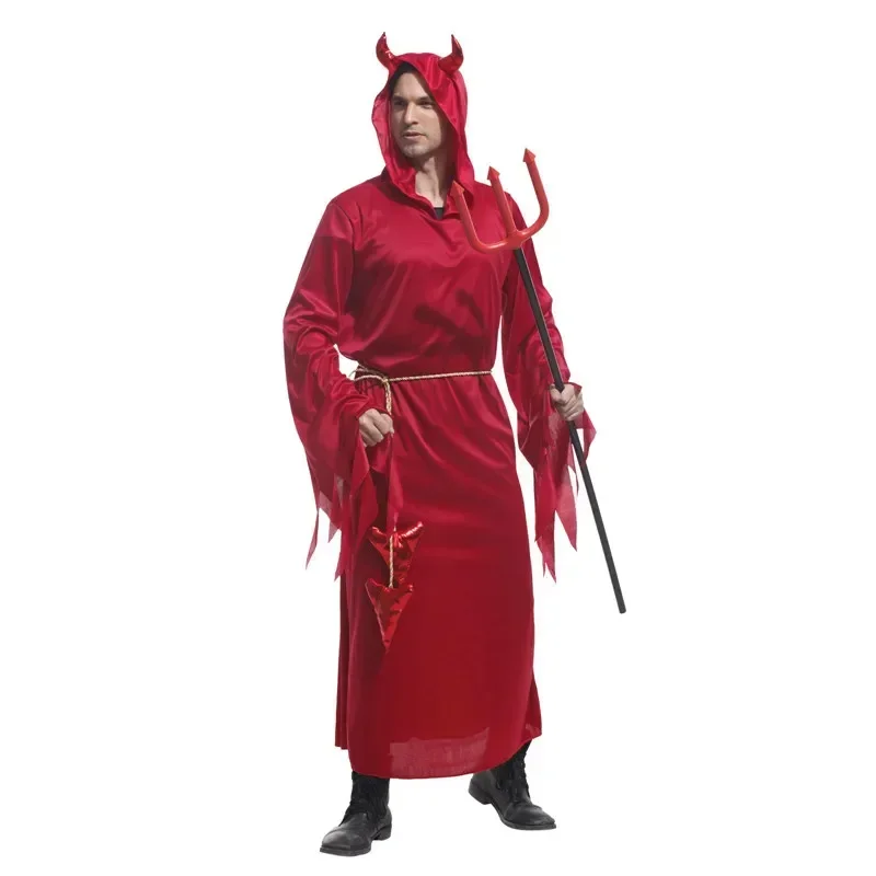 

Halloween Adult Red Devil Demon Lord Hooded Robe Horn Cosplay Costume