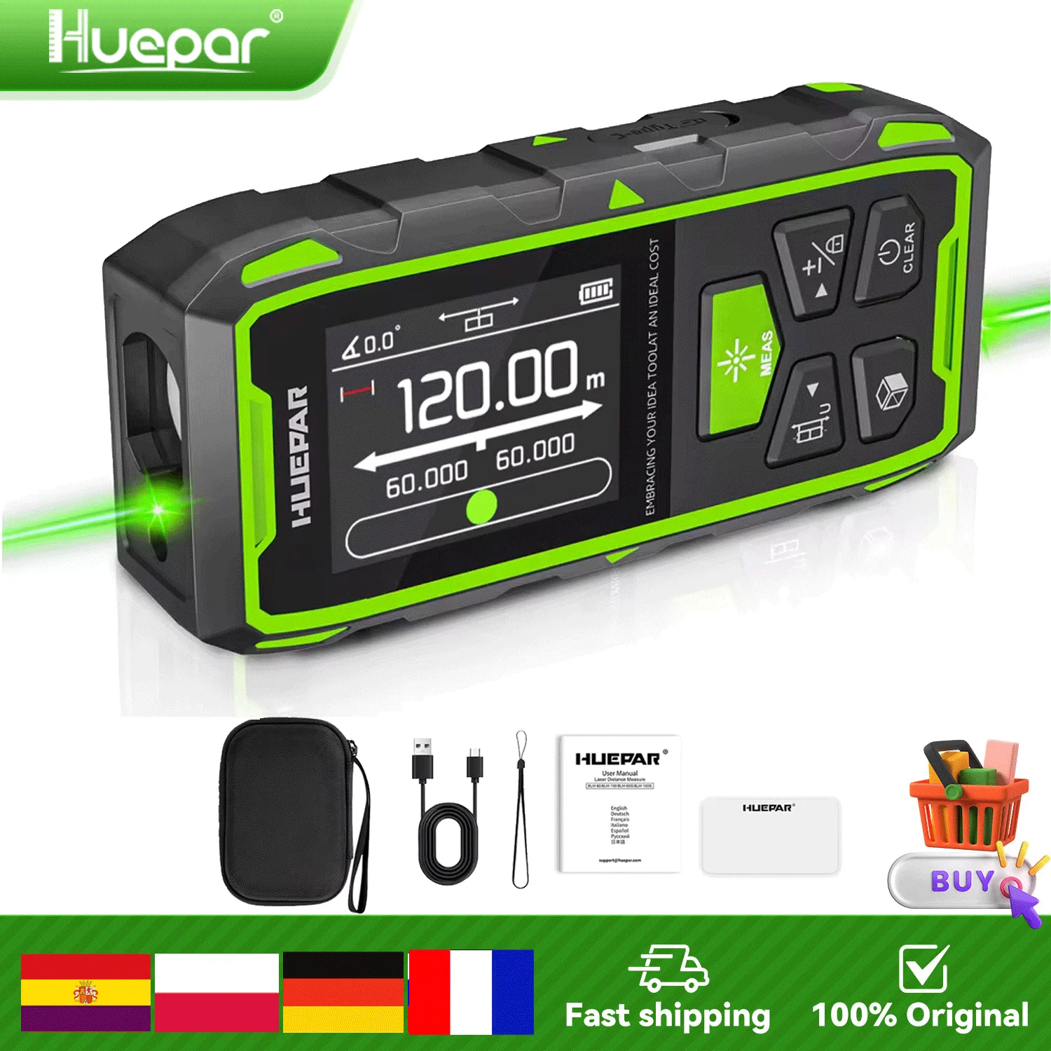 Huepar Dual-Laser-Entfernungsmesser Grüner Strahl BLM-120M/200M Digitales Lasermessgerät mit mehreren Maßeinheiten und hintergrundbeleuchtetem LCD-Display
