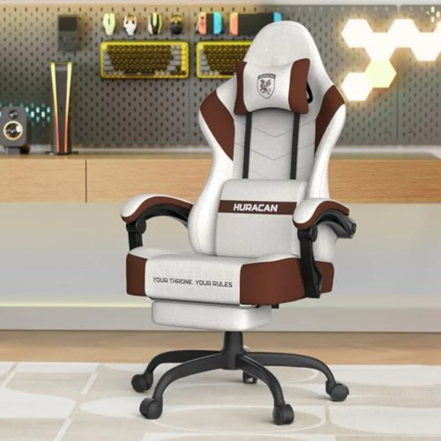 Gaming Chair for Adults - Cotton Fabric, Brown, Wider Seat Cushion with Shield-Shaped Embroidery, Ergonomic High Back and Footr