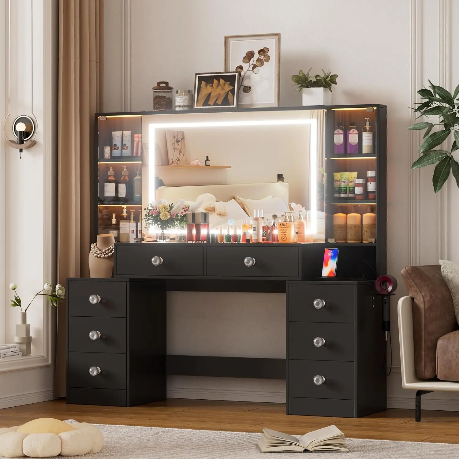 Large Vanity with Mirror & LED Lights, Power Socket, 3 Lighting Modes, 8 Drawers & 2 RGB Cabinets, Customized