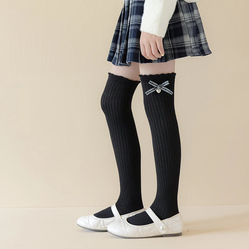 Girls Over The Knee Socks Classic JK Style Heart Accessory Bow Accent Soft Elastic Cotton Fabric For Daily School Outfit Costume