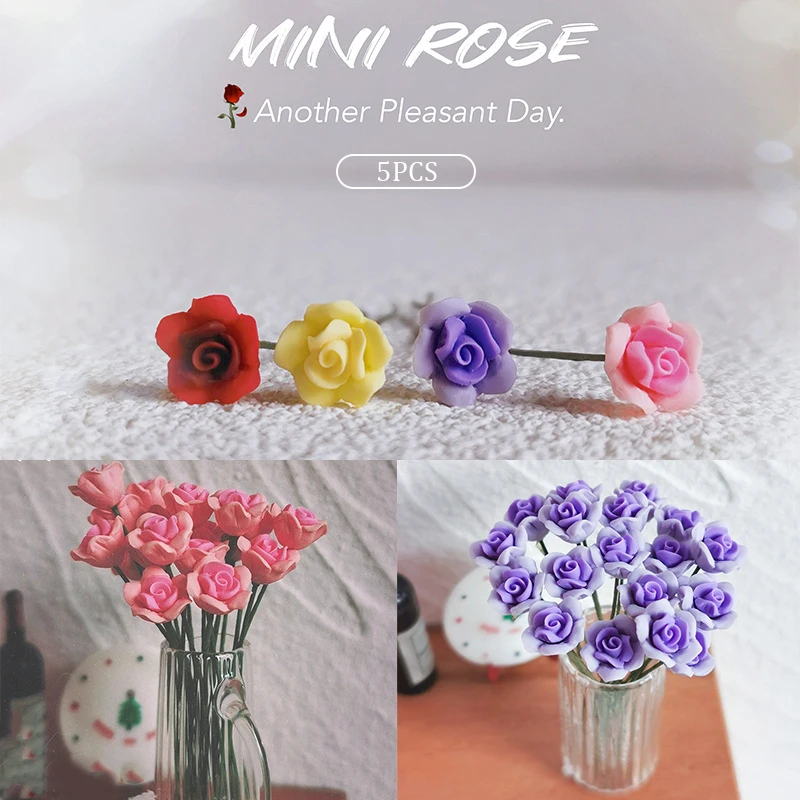 5Pcs/set 1:12 Dollhouse Miniature Rose Simulation Two Color Rose Flowers Micro Landscape Ornaments Model Decor Toy Accessories