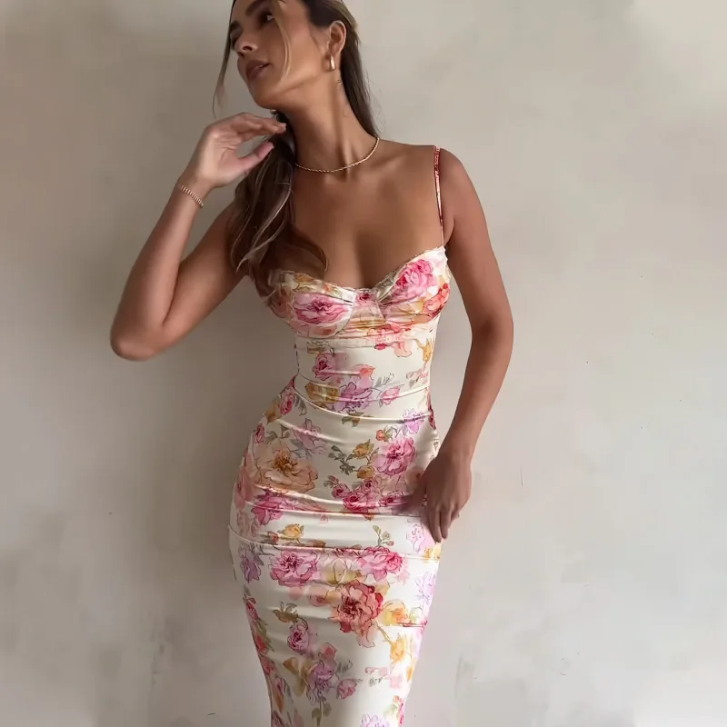 Women\'s Clothing Summer Fashion New Fashion Printed Slim Sexy Backless Sling Dress