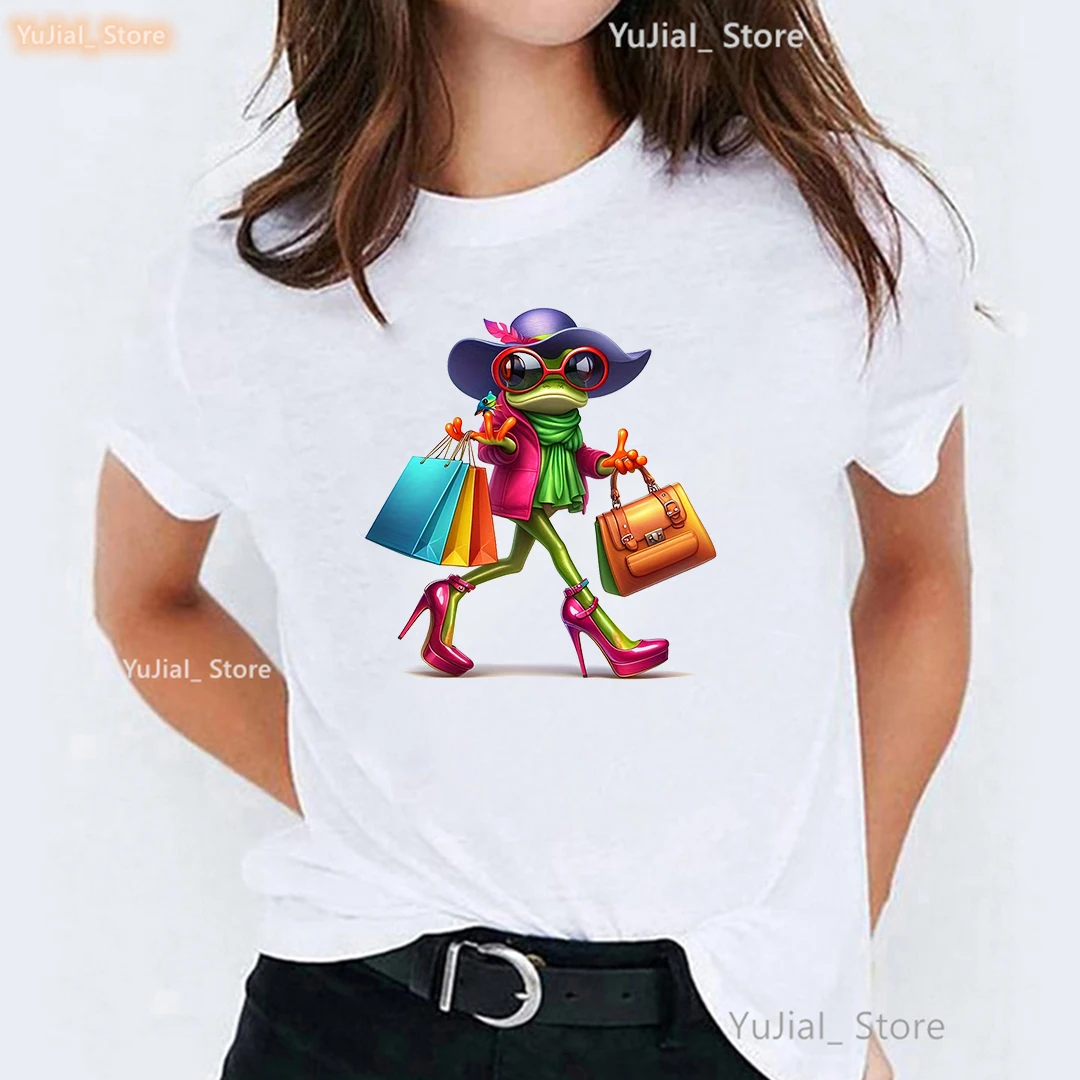 

Fashion Frog Shopping Printed T Shirt Women Clothes 2024 Funny Casual Tshirt Femme Harajuku Shirt Summer Fashion T-Shirt Female