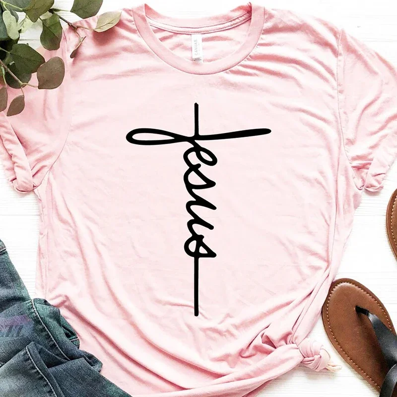 Jesus Cross Women T Shirt Religious Clothes Cotton Crew Neck Graphic Tee Motivational T-shirt Unisex Short Sleeved Dropshipping