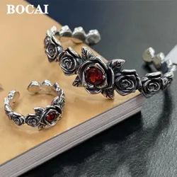 BOCAI New Real S925 Silver Jewelry Retro Red Zirconium Rose Thorny Chain Open Bracelet /Ring for Women Trendy Birthday Gift