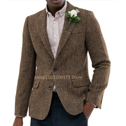 Men's Suit Brown Herringbone Blazer Prom Tuxedos Wool Tweed Single Breasted Formal Bussiness/Wedding Prom Jacket (Only Coat)