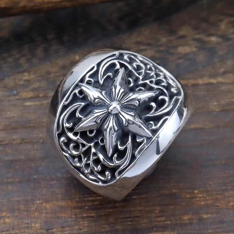 Punk style grids vine six-pointed star ring men925 sterling silver domineering retrofashion wide version ring