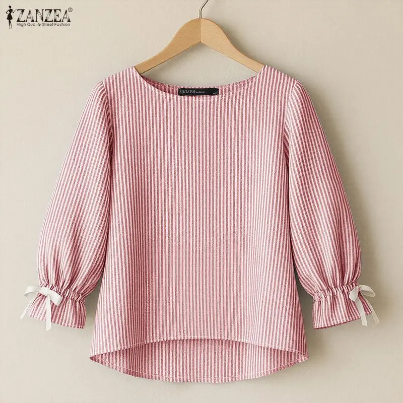 2026 Elegant Women OL Work Blouse ZANZEA Spring Striped Shirt Casual O Neck 3/4 Sleeve Tops Female High Low Blusas Mujer Tunic