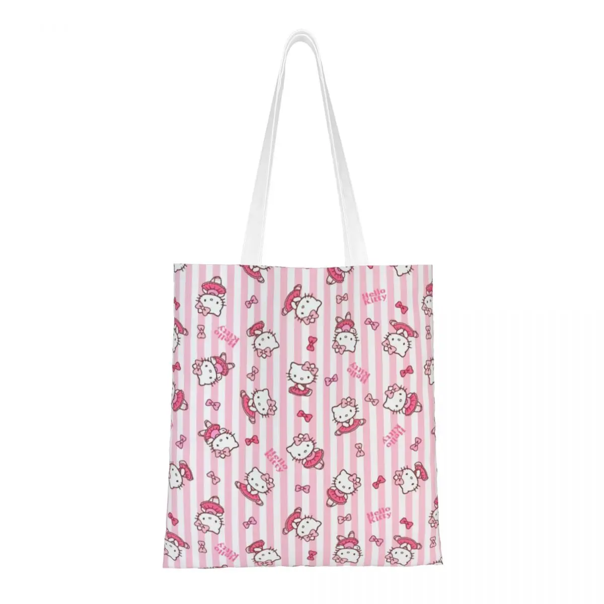 Custom Kawaii Printed Pink Bow Animated Anime Hello Kitty Tote Shopping Bags Durable Canvas Shoulder Shopper Handbag