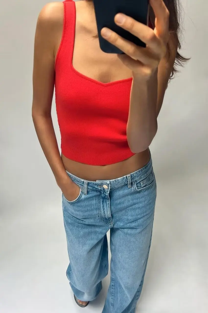 European and American style square collar slim fit wide shoulder strap camisole women\'s summer pure desire short knitted top