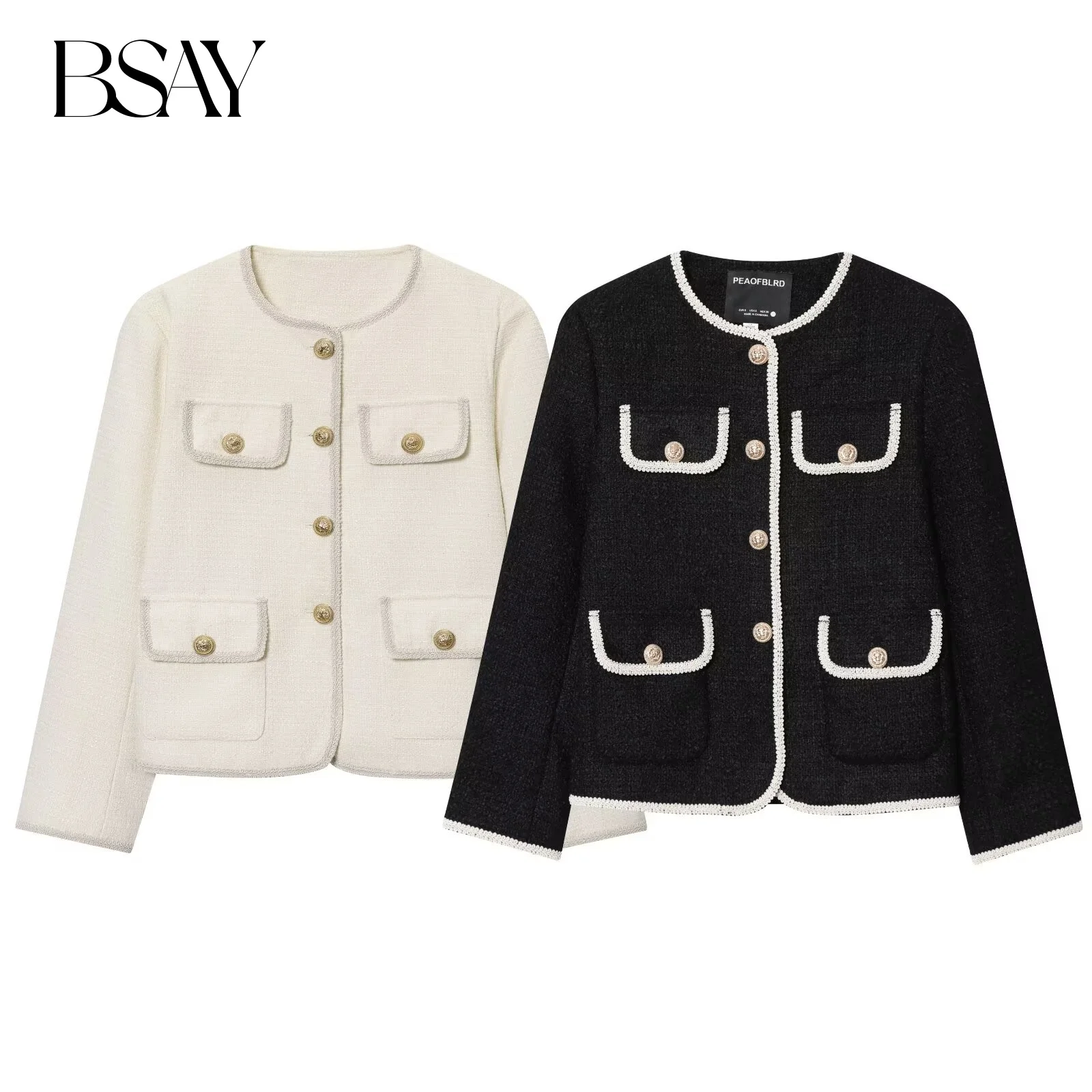 

BSAY fashion temperament contrasting color single row metal button round neck long sleeved pocket decoration French coat