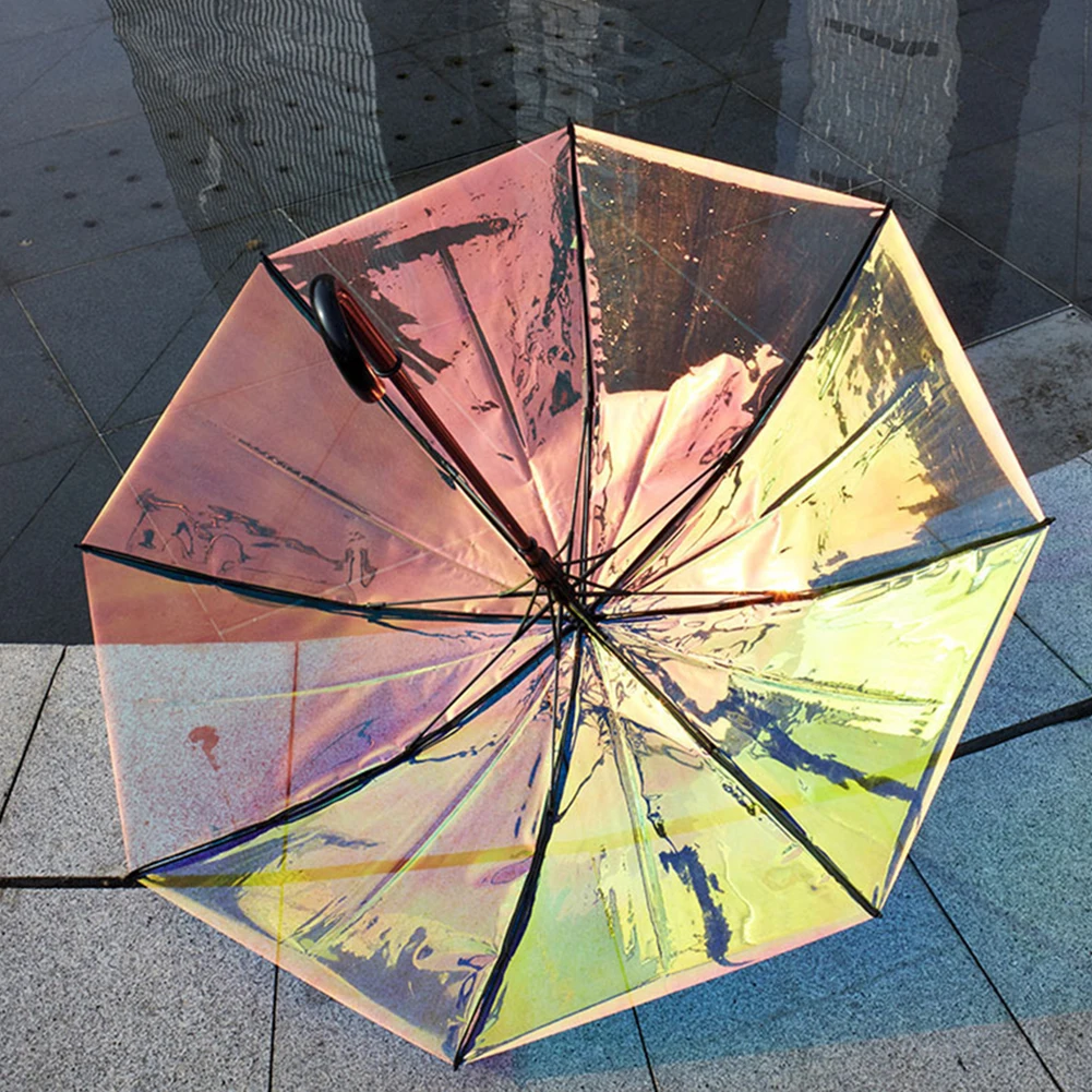 Sombrillas brillantes para mujer, sombrilla reflectante con láser arcoíris, a prueba de sol y lluvia, resistente al agua, Mango en J