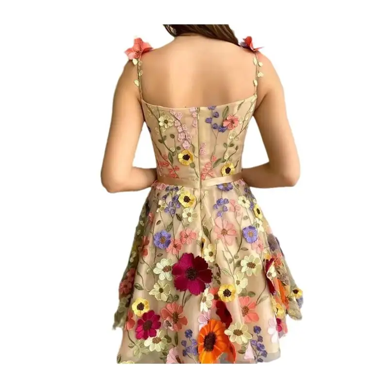 섹시한 자수 바디콘 드레스, 여성용 3D 꽃 디자인, 미드 웨이스트 A라인 스커트, 폴리에스터 소재 슬림 미디 드레스