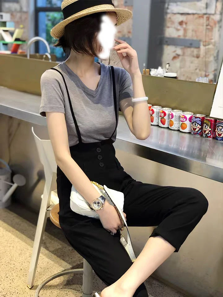 

Повседневные брюки с высокой талией и девятью очками, женские корейские универсальные комбинезоны на бретельках, летнее новое поступление, модная защита от солнца...