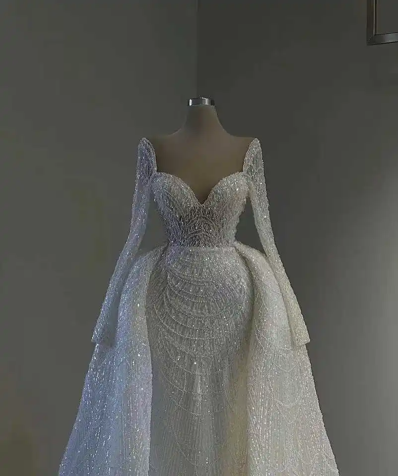 En Zhu, vestidos de novia de sirena blancos personalizados con tren desmontable, mangas largas, vestidos de novia con perlas, Vestido de novia