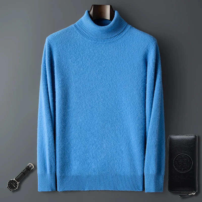 2024 autumn and winter new men's high-necked 100% pure mink cashmere sweater knitted loose leisure high-end cashmere sweater.