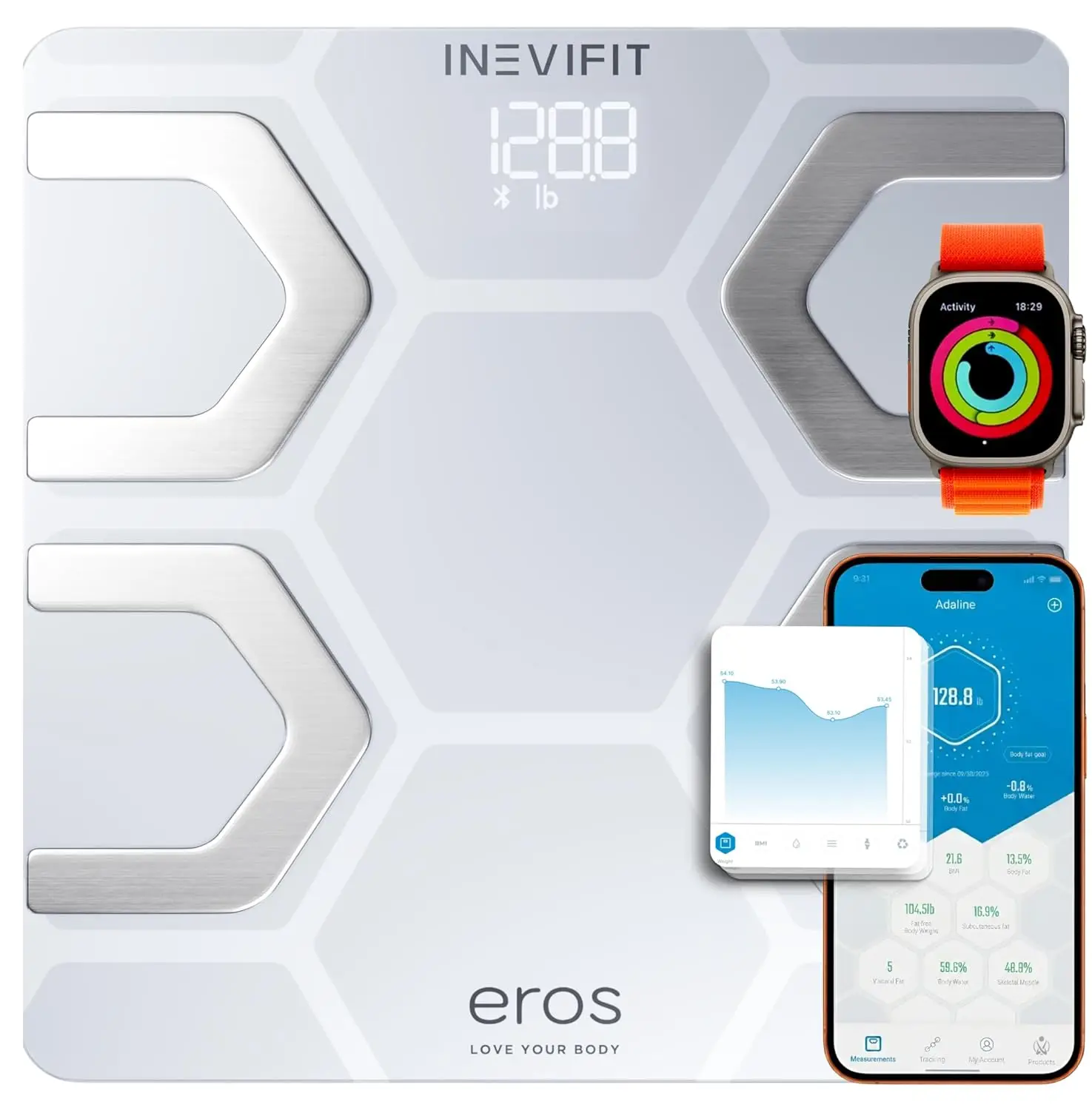 

Умные Bluetooth-весы для измерения жира в организме с приложением, измеряют 13 показателей, грузоподъемность 400 фунтов, белые.