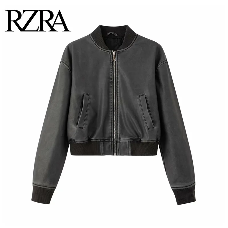 

RZRA originalnew2024 autumn and winter new classic style vintage imitation leather bomber jacket coat top women's style