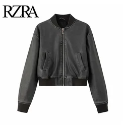 RZRA originalnew2024 autumn and winter new classic style vintage imitation leather bomber jacket coat top women's style