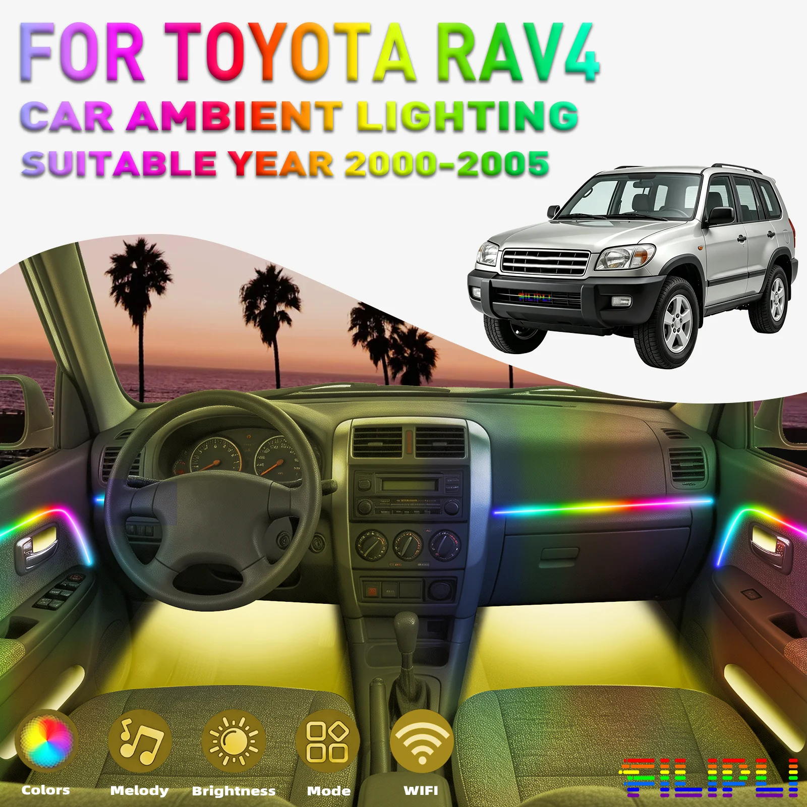 For TOYOTA RAV4 2000-2025 CAR AMBIENT LIGHTING colorful 18 Lights Kit 256 Colors Iridescent 18 in 1 LED Interior Hidden Acrylic Strip Symphony Atmosphere Lamp Neon Acrylic Light Strip Lighting and Decorative Lamps Long Standby Car Decorative Light