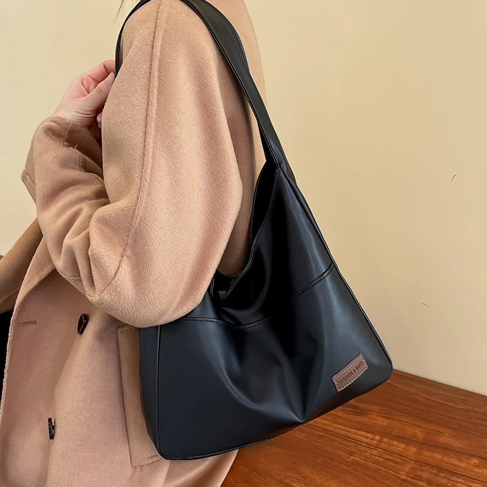 Autumn Winter Vintage PU Leather Large Capacity Bag Students Simple Solid Soft One Shoulder Bags Women New Commuter Tote Bags